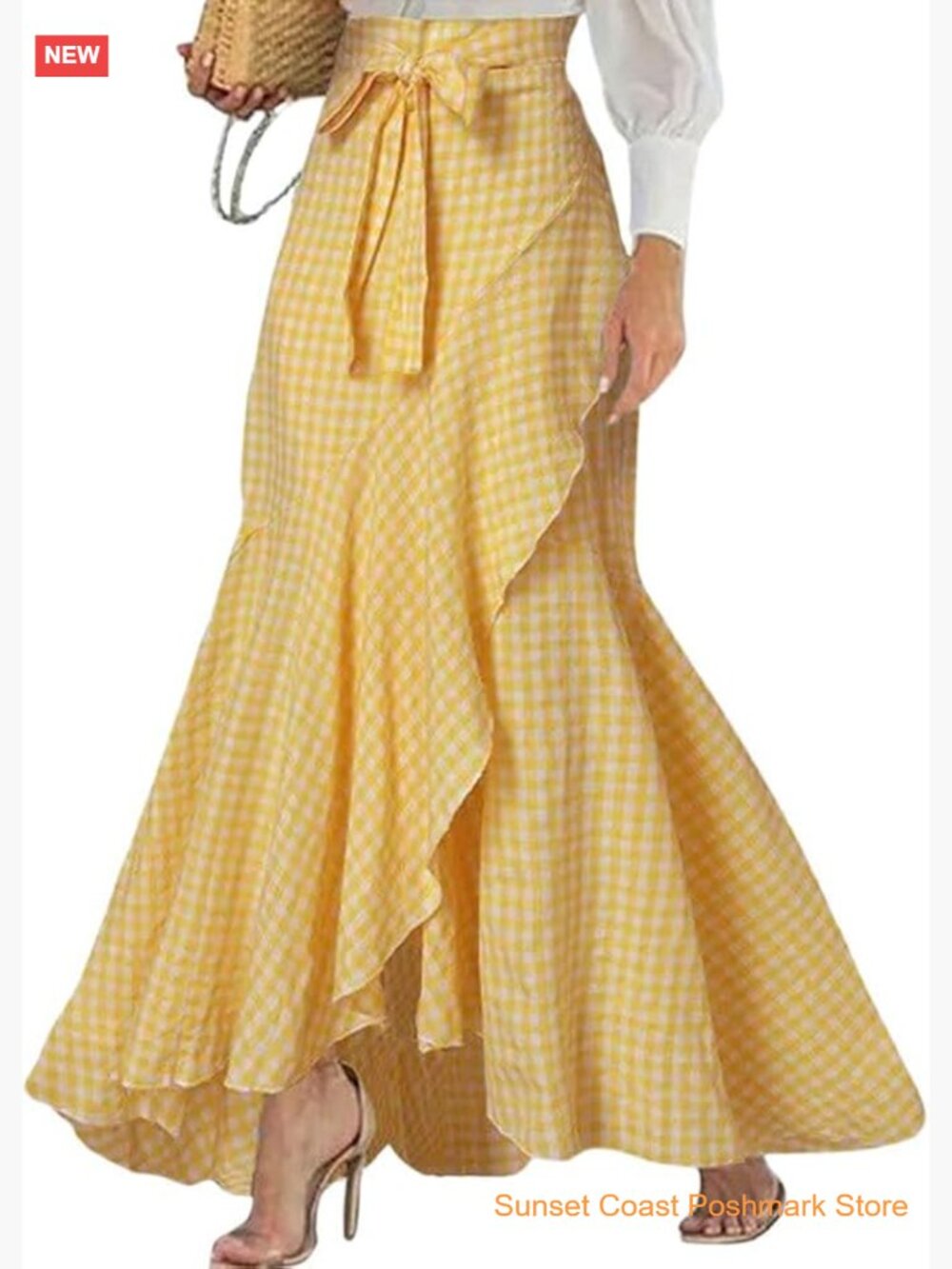 Casual Plaid Mermaid Maxi Skirt A Line Irregular Ruffle Hem Fishtail Long Skirt